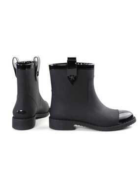 Jimmy Choo Edie Flat Boots Black Matte Rubber Patent Leather Cap Toe Star 38